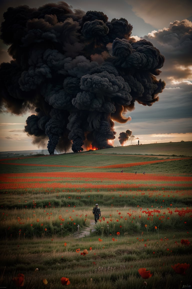 A field of red poppies,  with black smoke rising in the background and soldiers walking through it. In style of concept ar...