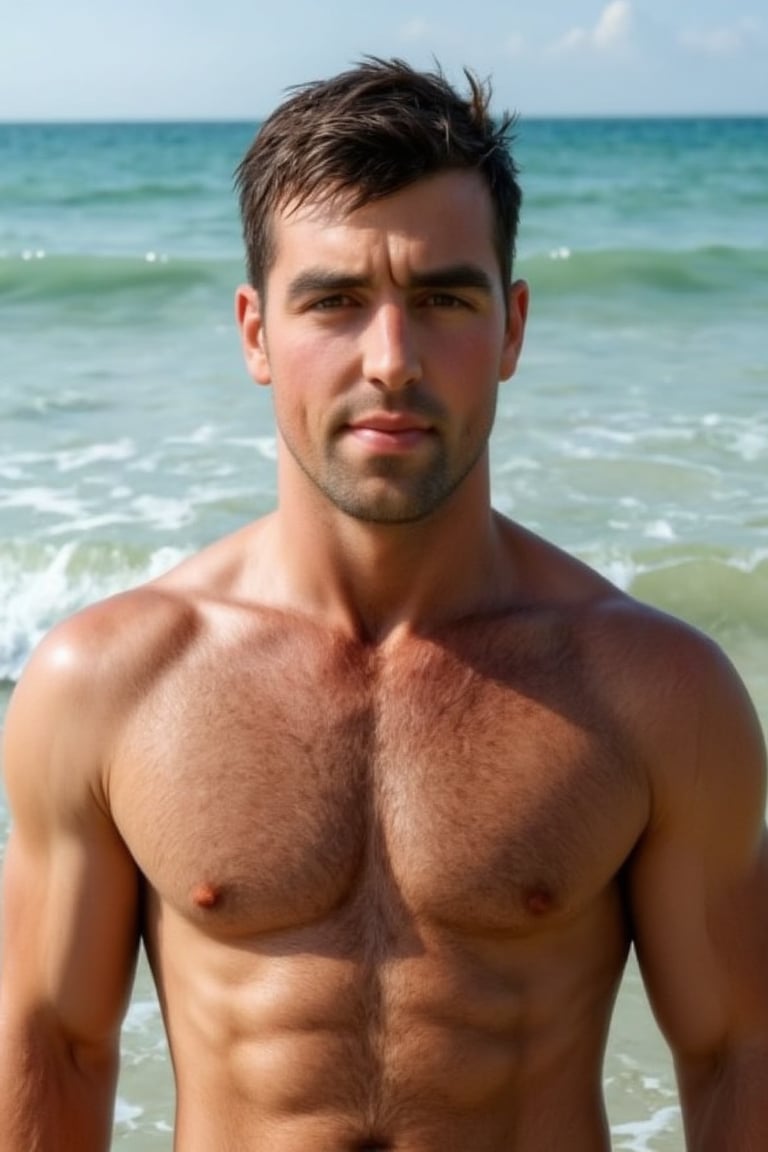 1boy, Handsome male, muscular, perfect shot, perfect eyes, real photo, photorealistic, best quality, 8K, 4K, hairy, hairy chest, male body hair, outdoor, beautiful beach, partially submerged in ocean water,