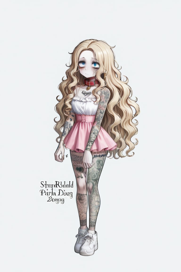 1girl, long hair, long curly blonde hair, ball pink gown, big white sneakers, massive dog collar parted hair, wavy hair, pale skin, light blue eyes, frills, white camisole, short dress, bags under eyes, simple background, :3, full body, standing,highres, tattoo