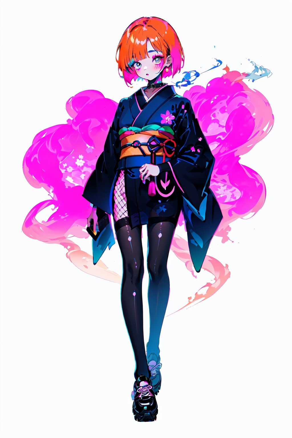 young 20-year-old Asian girl with orange bob hair in an ultra short dark blue kimono, decorated with neon pink lines and Japanese black characters, black stockings made of a wide square mesh, large pink and black sneakers, bright makeup, smoke eyes, long neck, collar, simple background, highres,fishnet pantyhose,see-through