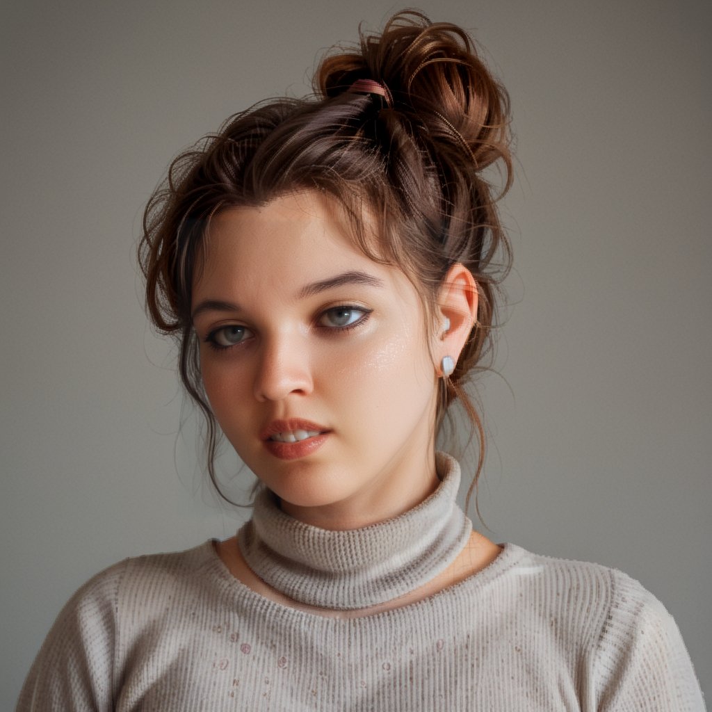 score_9, score_8_up, score_7_up,1 woman, 30 y o, Elena, waist-length portrait, brown disheveled hair, mouth closed, calm face, no emotions, gray turtleneck sweater, simple gray background, front view, no makeup, chubby, clear facial features, clear face, high-quality textures, high-quality facial skin textures, high-quality eyes, high-quality lips, looks away, hair tied up in a bun