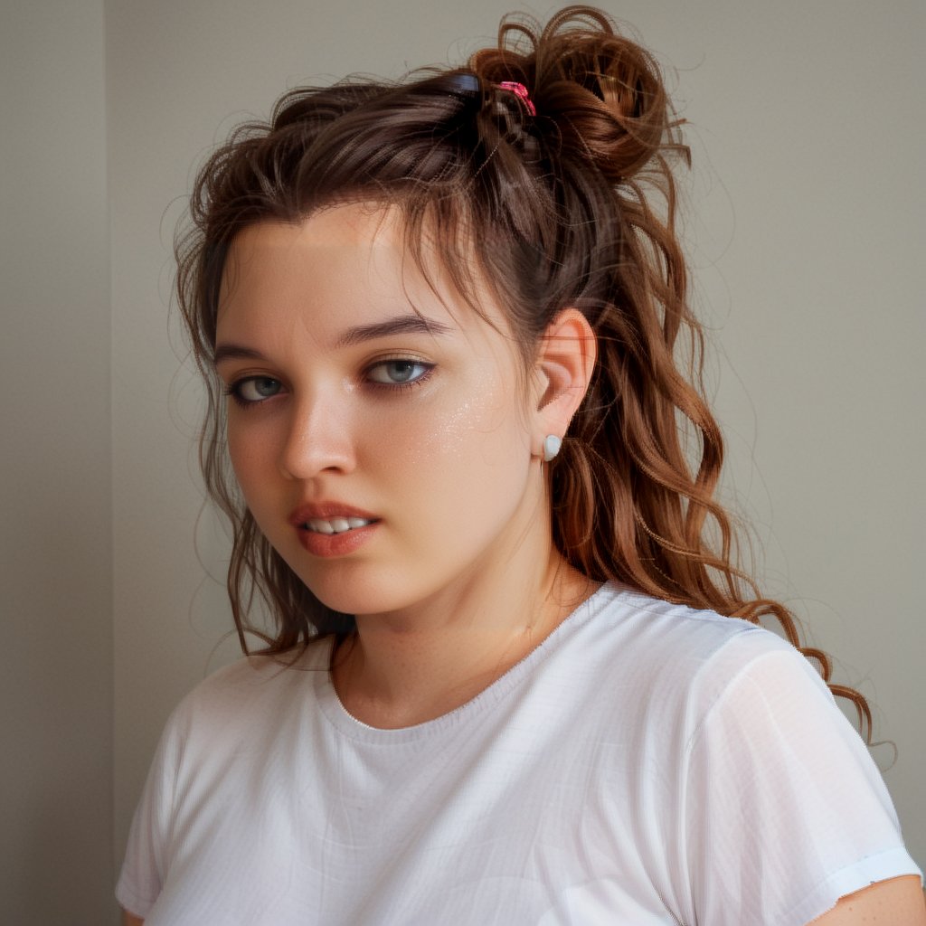 score_9, score_8_up, score_7_up,1 woman, 30 y o, Elena, waist-length portrait, brown wavy hair, mouth closed, calm face, no emotions, white t-shirt, simple gray background, front view, no makeup, chubby, clear facial features, clear face, high-quality textures, high-quality facial skin textures, high-quality eyes, high-quality lips, looks away, hair tied up in a bun