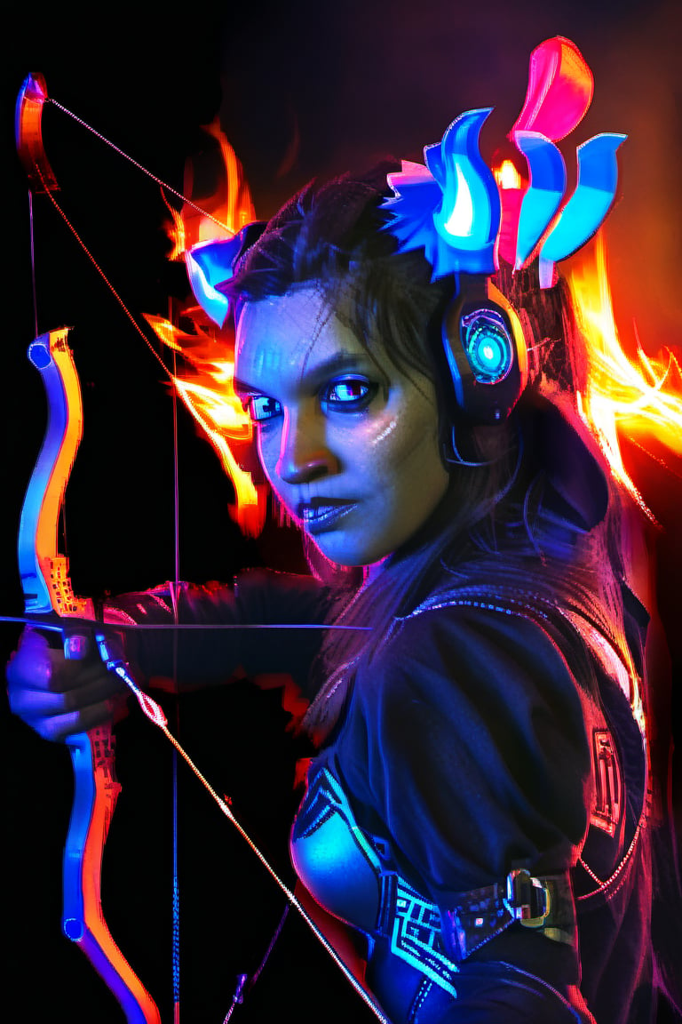 score_9, score_8_up, score_7_up, 1 girl, a archer warrior, dark elf, fire in eyes, dota ftow ranger style,neon lights,power lines,ruanyi0724,alley,Elena,Expressiveh,concept art,dark theme