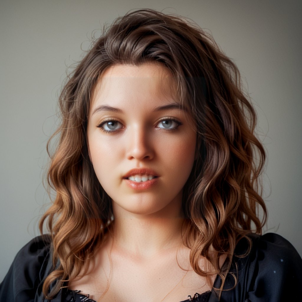 score_9, score_8_up, score_7_up,1 woman, 30 y o, Elena, waist-length portrait, brown wavy hair, mouth closed, calm face, no emotions, black dress, simple gray background, dress with a shallow neckline, front view, no makeup, chubby, clear facial features, clear face, high-quality textures, high-quality facial skin textures, high-quality eyes, high-quality lips,