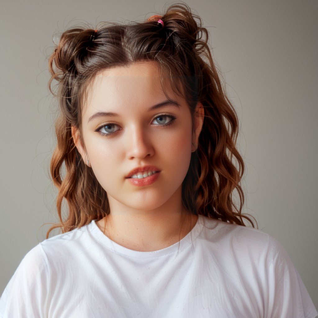 score_9, score_8_up, score_7_up,1 woman, 30 y o, Elena, waist-length portrait, brown wavy hair, mouth closed, calm face, no emotions, white t-shirt, simple gray background, front view, no makeup, chubby, clear facial features, clear face, high-quality textures, high-quality facial skin textures, high-quality eyes, high-quality lips, looks away, hair tied up in a bun