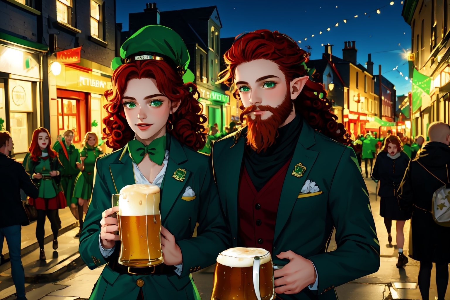 many young people in colorful suits with green shades celebrate St. Patrick's Day on the main street of the city, many have red curly hair, men have curly red beards, Irish flags are waving, many are drinking beer on the street from large beer mugs, an atmosphere of joy and fun, early spring, holiday, Ireland, beautiful girls,irish,edgShamrock,elf_crown,Beard2Alpha