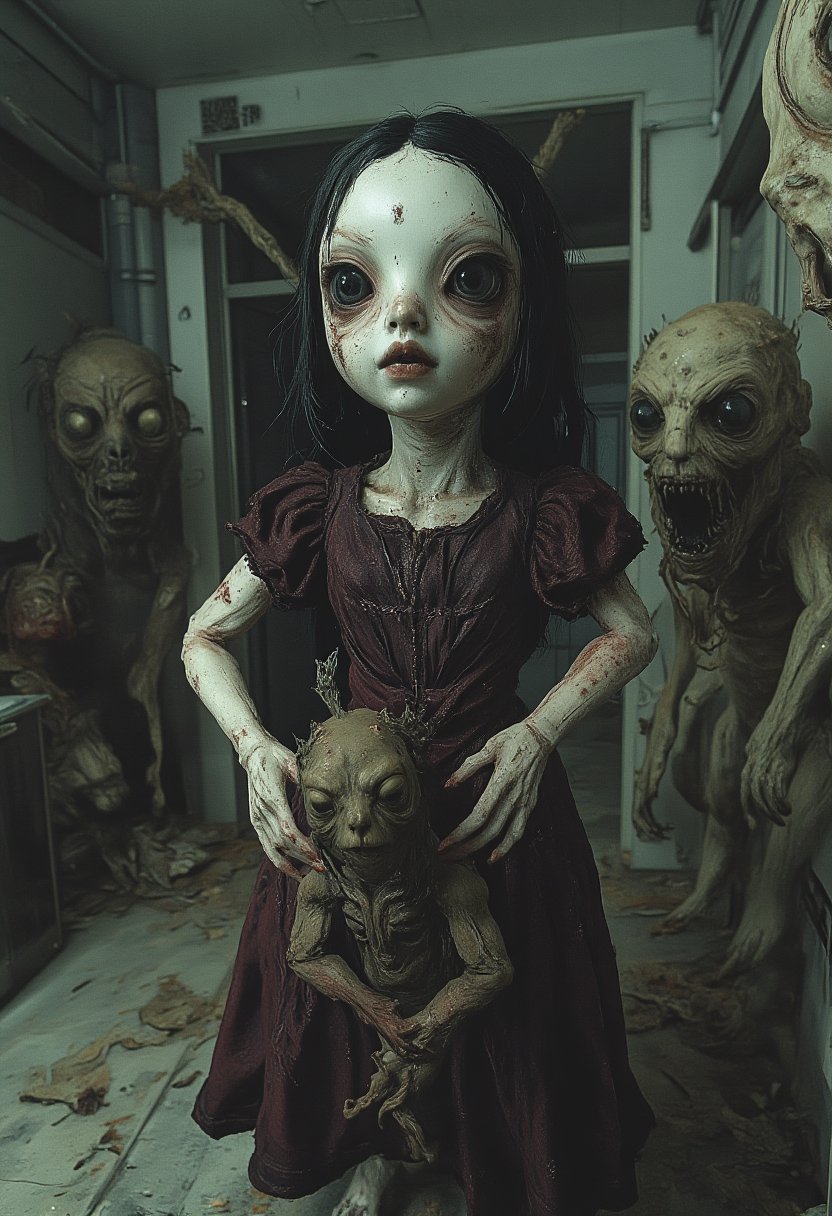 A ball-jointed doll wearing a The Addams Family-style rococo dress, the doll has complex joints, (((Horror themed stuffed animals)))kidnapped by vampire.,nagisa,1ghost, MIASMA style,cctv footage of a horror monster