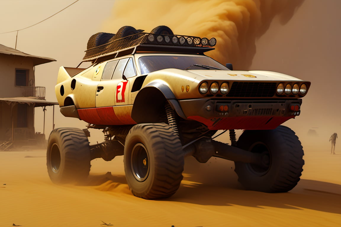 Ferrari car on 6 big wheels from Big Foot, mud tires, large kangaroo, roof rack, driving through an abandoned city in the desert, destroyed houses, sand, dust, sandstorm, thunderstorm, fire from exhaust pipes,scrap metal,rusty car,crossout craft,realism,