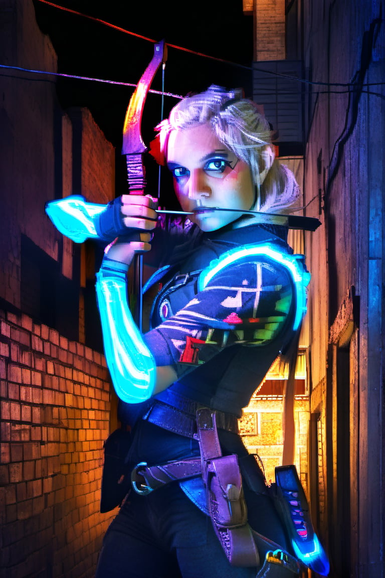 score_9, score_8_up, score_7_up, 1 girl, a archer warrior, dark elf, fire in eyes, dota ftow ranger style,neon lights,power lines,ruanyi0724,alley,Elena