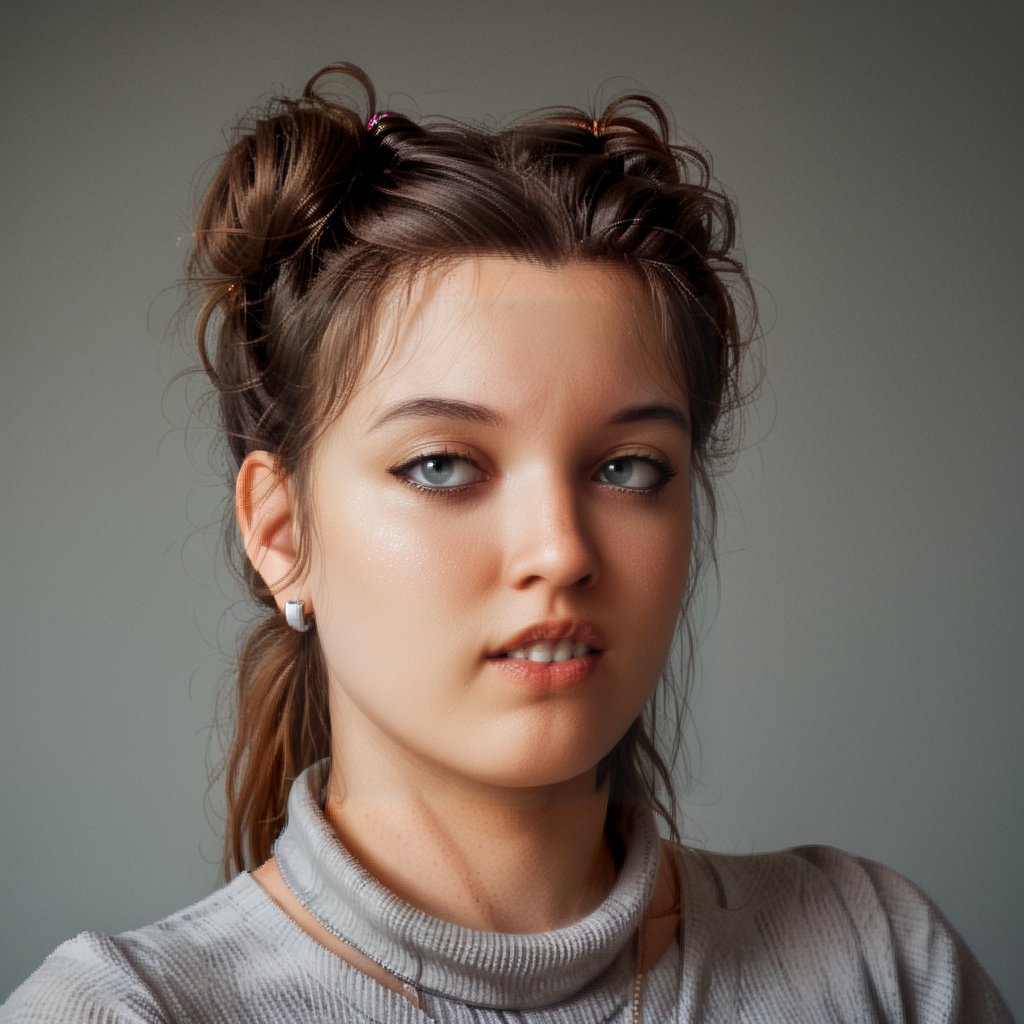 score_9, score_8_up, score_7_up,1 woman, 30 y o, Elena, waist-length portrait, brown straght disheveled hair, mouth closed, calm face, no emotions, gray turtleneck sweater, simple gray background, front view, no makeup, chubby, clear facial features, clear face, high-quality textures, high-quality facial skin textures, high-quality eyes, high-quality lips, looks away, hair tied up in a bun