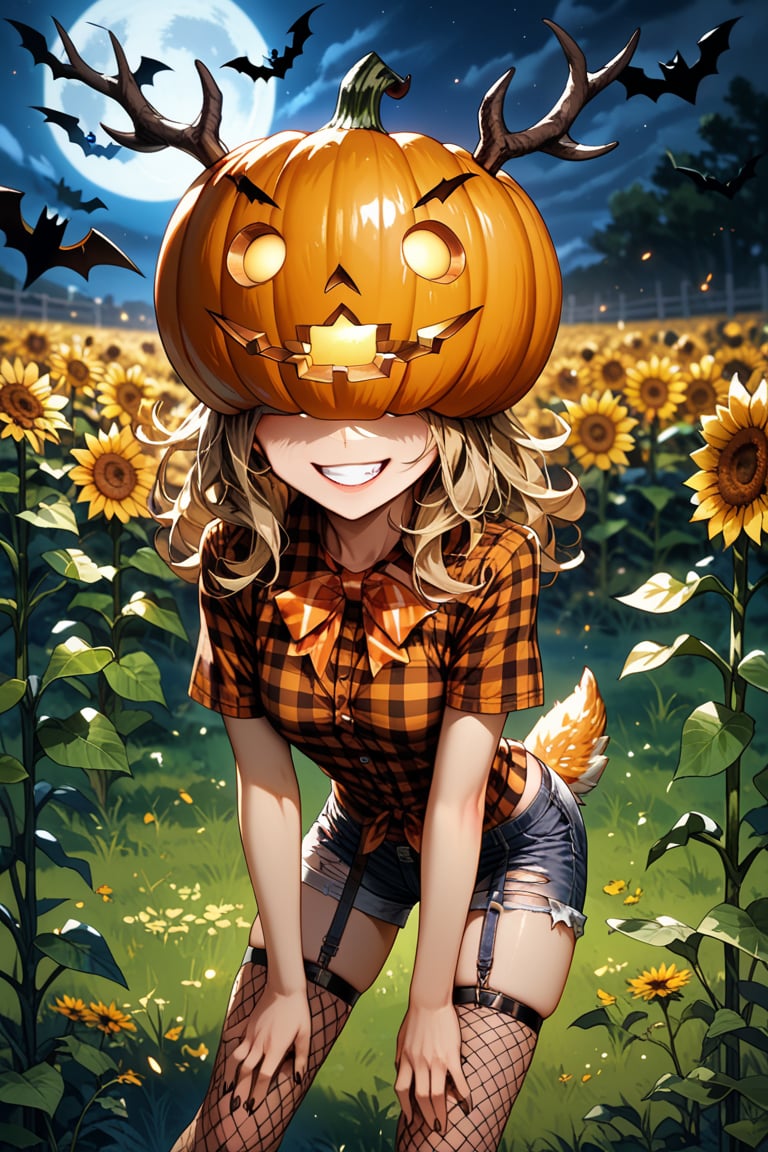 score_9, score_8_up, score_7_up, source_anime, straw scarecrow girl in torn country clothes, in a checkered red shirt, in denim shorts, on her head a pumpkin helmet, Halloween pumpkin, deer antlers, a distributed demonic tail, a devilish smile, fishnet stockings, hanging on a cross in the middle of a field with sunflowers, night, nightmare , a flock of crows circling in the sky, full moon,