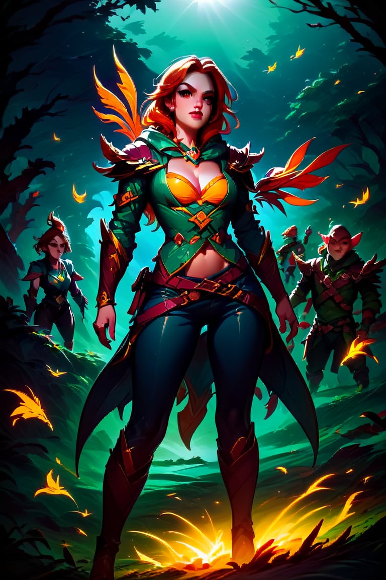 score_9, score_8_up, score_7_up, 1 girl, a archer warrior, attack on the screen, fire in eyes,full body, dota wind ranger style, Elena, Expressiveh, concept art, dark theme,windranger, windranger \(dota 2\)