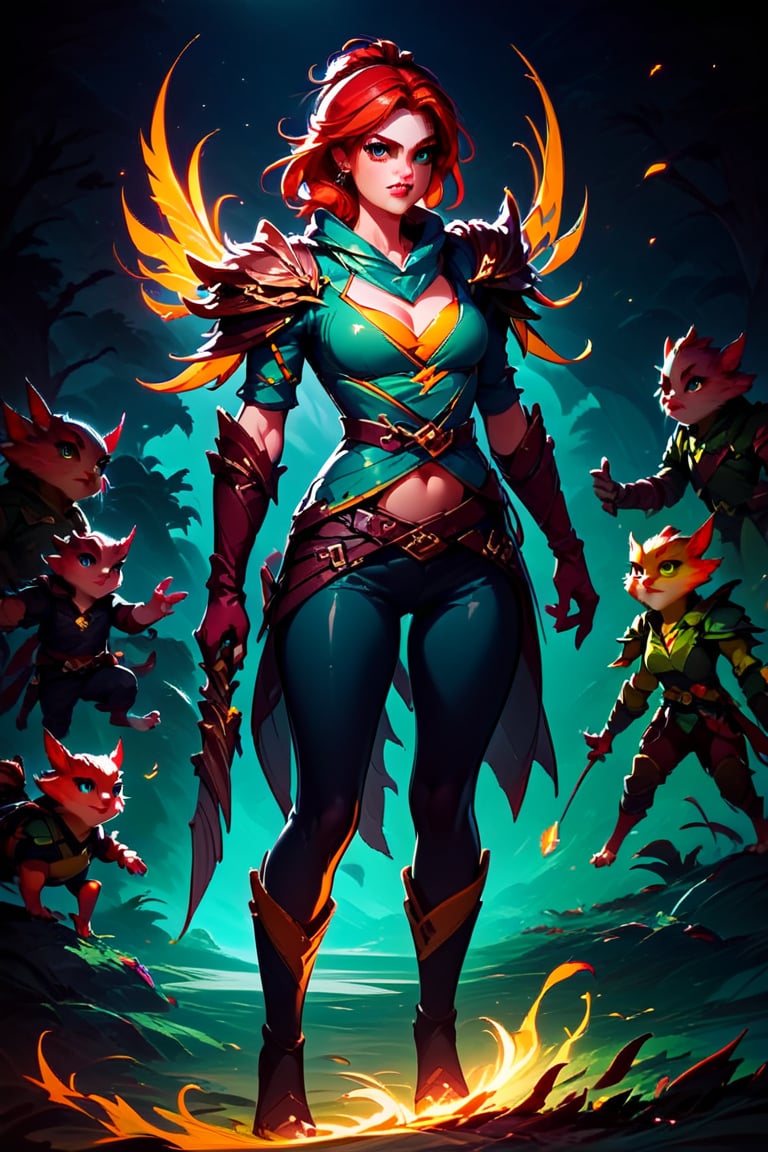 score_9, score_8_up, score_7_up, 1 girl, a archer warrior, attack on the screen, fire in eyes,full body, dota wind ranger style, Elena, Expressiveh, concept art, dark theme,windranger, windranger \(dota 2\)