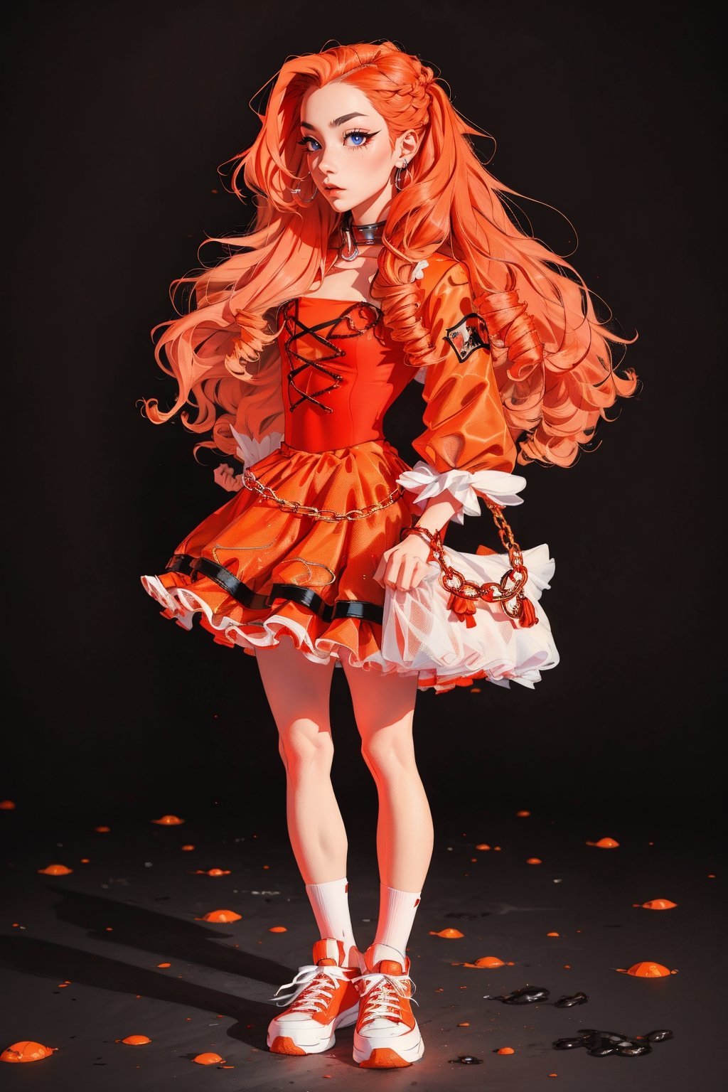 1irish girl, long hair, long curly orange hair, ball red gown, big red sneakers, massive dog collar, fishnet red stockings, parted hair, wavy hair, pale skin, light green eyes, frills, short dress, bags under eyes, Smokey eyes, orange makeup, sweaty face makeup, simle background, :3, full body, standing,highres,SAM YANG,Ballet_tutu,metal collar