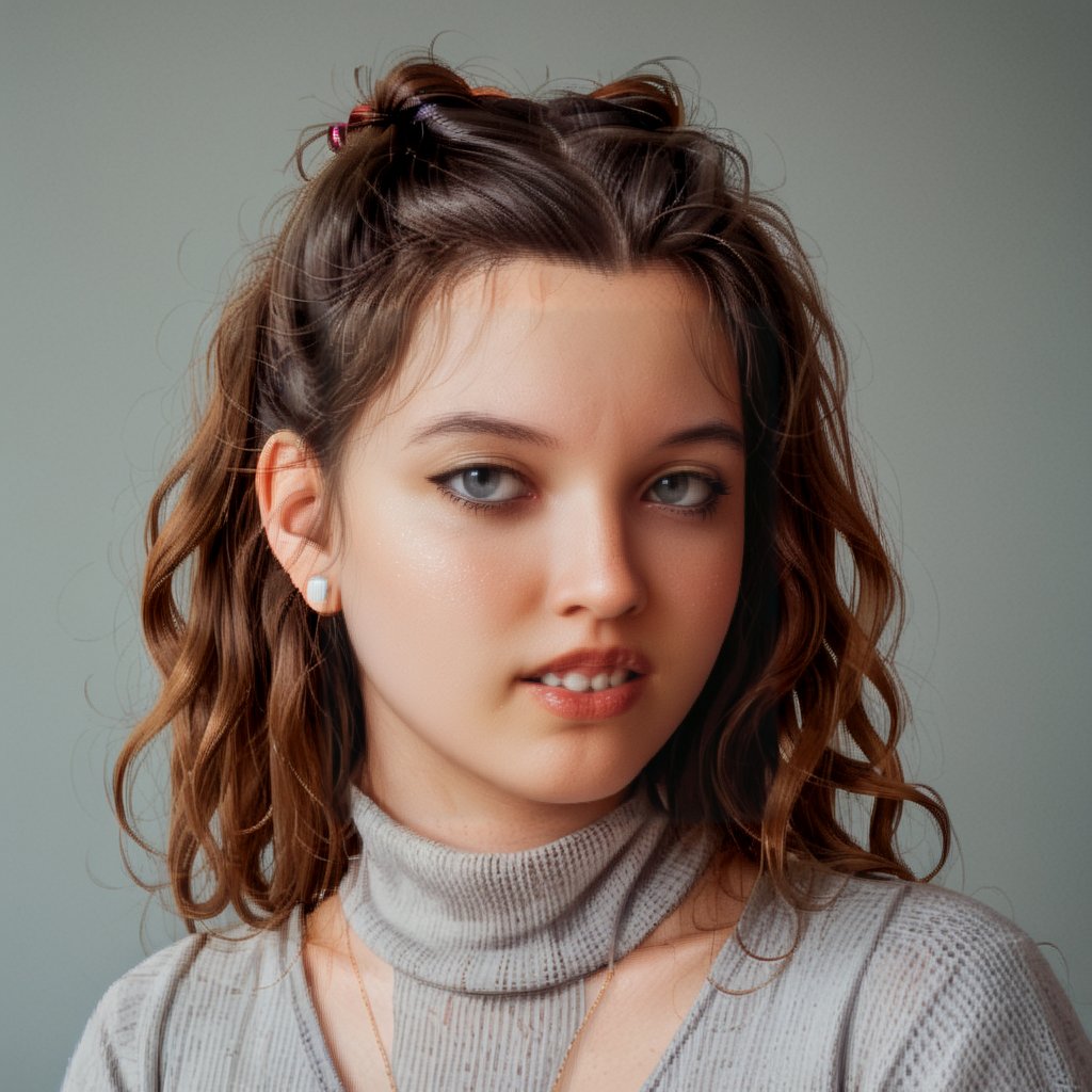 score_9, score_8_up, score_7_up,1 woman, 30 y o, Elena, waist-length portrait, brown wavy hair, mouth closed, calm face, no emotions, gray turtleneck sweater, simple gray background, front view, no makeup, chubby, clear facial features, clear face, high-quality textures, high-quality facial skin textures, high-quality eyes, high-quality lips, looks away, hair tied up in a bun