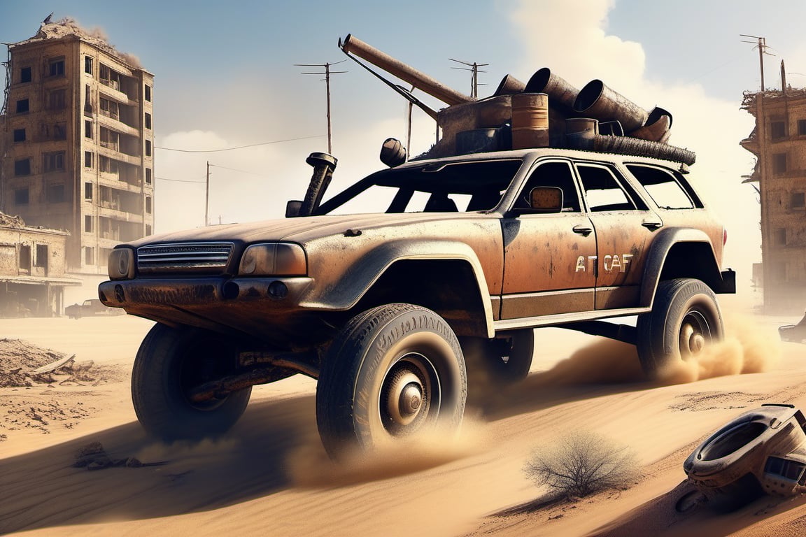 Crossout ctaft car on 4 big mud tired wheel, large Brum bar, roof rack, driving through an abandoned city Moscow in the desert, destroyed houses, sand, dust, sandstorm, thunderstorm, fire from exhaust pipes,scrap metal,rusty car,crossout craft,realism, mad max,futuristic car,tag score