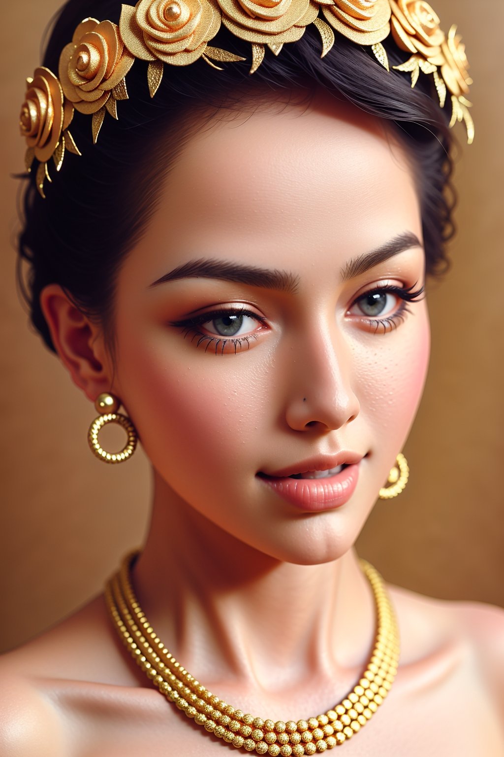 1girl,Full body portrait, length full body, full body photo, (thin full body), (flower crown) ,dramatic light, beautiful eyes, (Delicate skin), gold necklace, (sweet smile), bella ranee,thai dress ,detailed background, Depth of Field, volumetric light, crisp focus, Absurd, realistic proportions, good anatomy, (Realistic, hyperrealistic:1.4), HDR 16K,

