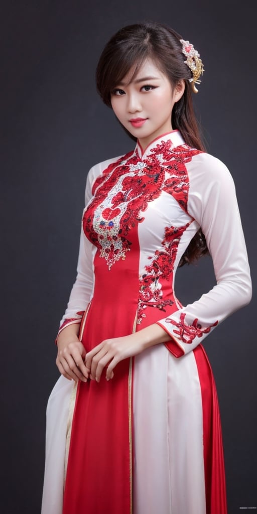  Best Quality Ultra-detailed 8K Wallpaper. It features a stunning portrait of a girl wearing the Ao Dai, a traditional Vietnamese dress. finely detailed and high resolution image that captures every nuance of her natural color lip and her expressive eyes. perfect dynamic composition that balances the contrast between the bright red of the dress and the dark background. 