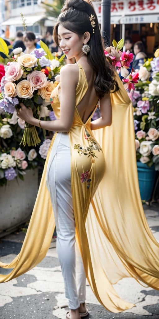 She walks with grace and confidence, her black ao dai adorned with golden dragons and flowers. The fabric flows with her every step, revealing a glimpse of her white trousers and sandals. Her long hair is tied in a bun, secured with a red ribbon. She smiles as she admires the colorful blooms and festive decorations at the Tết floral market. She feels the joy and warmth of the Lunar New Year in the air.
