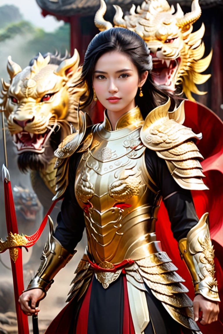 Vietnamese beautiful female warrior Bà Triệu with a cute face, short black hair, golden armor, black dragon Ao Dai, lion shield, silver long bow, and arrow, standing in the midst of battle, war crying, with his soldiers behind him.