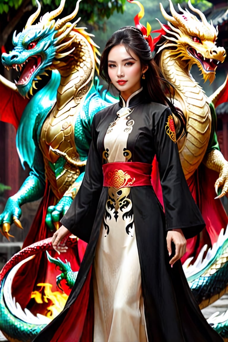 Wizard in black coat, heroes in AMOR, dragon beast, women in Ao dai