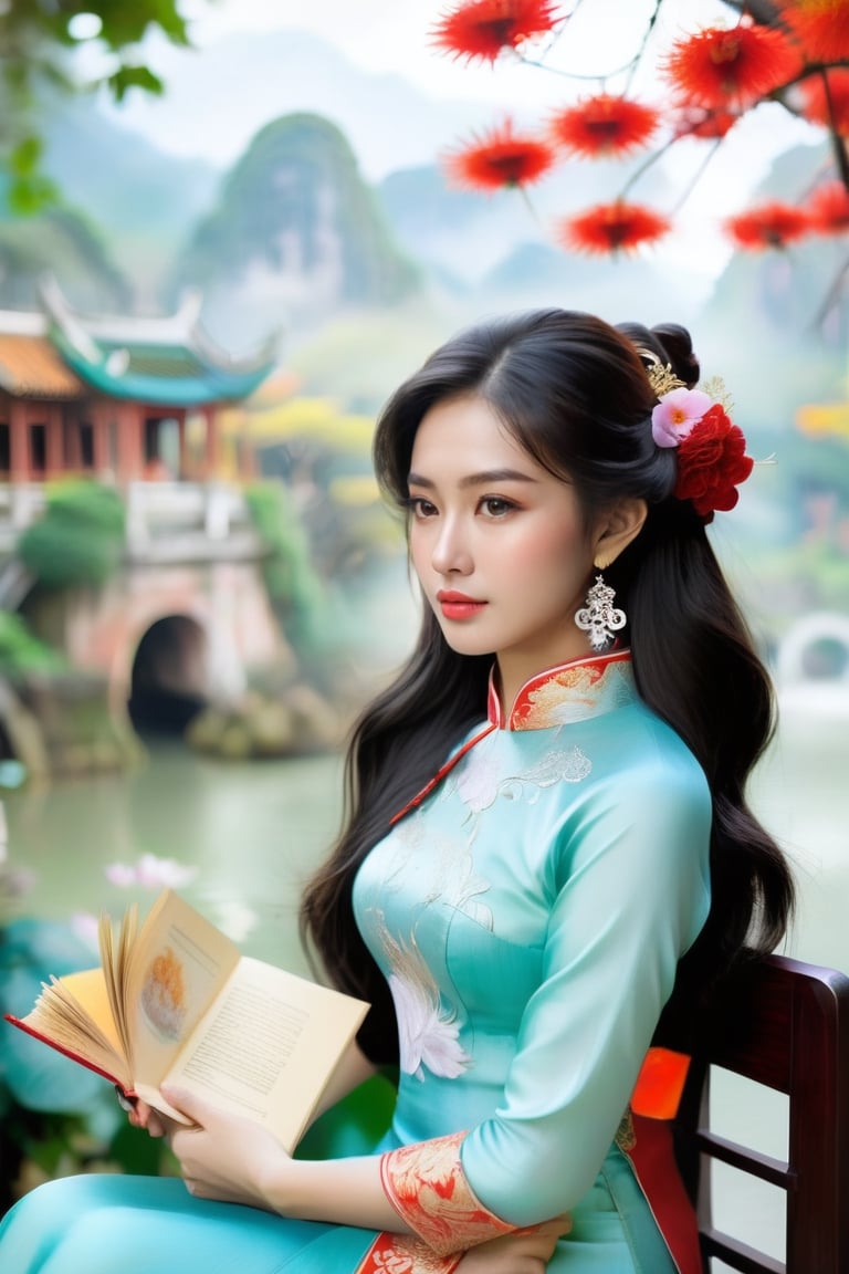 A lone Vietnamese girl sits in a chair, wearing a traditional ao dai dress and holding a flower and book. Her long black hair and elegant earrings add to her beauty. In the background, a dragon can be seen. This photo is from the R4W exhibition.The girl's serene expression and graceful posture exude a sense of timeless elegance, capturing the essence of Vietnamese culture and tradition. As she gazes into the distance, her eyes seem to hold a world of wisdom and grace, reflecting the rich heritage of her homeland. The delicate embroidery of her ao dai and the intricate details of the dragon motif in the background speak to the artistry and symbolism deeply woven into Vietnamese customs. This captivating image invites viewers to delve into the enchanting tapestry of Vietnam's history and folklore, where every detail tells a story of resilience, beauty, and enduring spirit.,more detail XL,snowing.