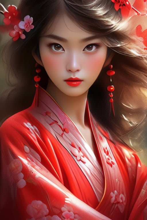 Best Quality Ultra-detailed 8K. It features a stunning portrait of a Korean girl wearing the Ao Dai, a traditional Vietnamese dress. finely detailed and high resolution image that captures every nuance of her natural color lip and her expressive eyes. perfect dynamic composition that balances the contrast between the bright red of the dress and the dark background. 