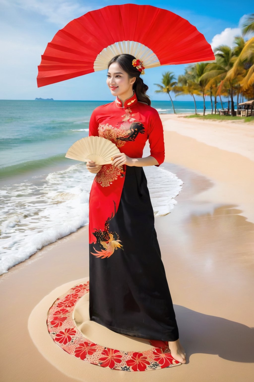 Masterpiece of a Vietnamese girl wearing a red black  ao dai with floral and phoenix patterns, dancing gracefully at the resort beach. She holds a paper fan in her hand, which she moves in sync with her steps. The sand on the beach forms a yin-yang symbol, representing harmony and balance. The camera zooms out to reveal an aerial view of the scene, captured by a drone. The image quality is superb, with high resolution and vivid colors.
