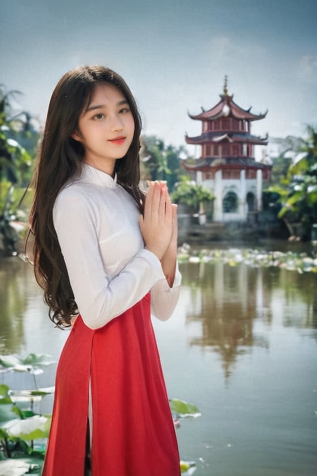 masterpiece, best quality, raw photo, realistic, Vietnamese girl, 18 years old, long flat hair, wearing a red Ao Dai with gold dragon pattern, standing in a pagoda, hand tother ask for blessing by monk master, candle and lotus in the river(professional photo, balanced photo, balanced exposure)