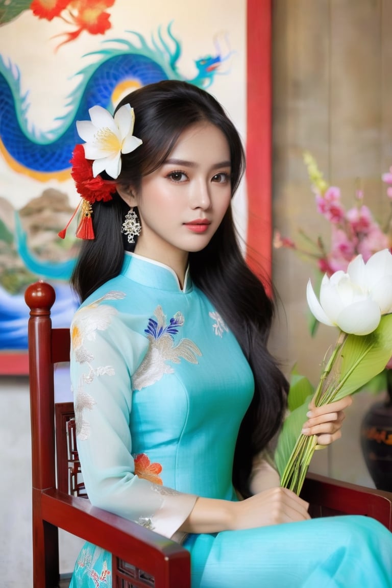 A lovely Vietnamese girl sits in a chair, wearing a traditional ao dai dress and holding a flower and woddeen fan. Her long black hair and elegant earrings add to her beauty. In the background, a dragon paintings can be seen. This photo is from the R4W exhibition.The girl's serene expression and graceful posture exude a sense of timeless elegance, capturing the essence of Vietnamese culture and tradition. As she gazes into the distance, her eyes seem to hold a world of wisdom and grace, reflecting the rich heritage of her homeland. The delicate embroidery of her ao dai and the intricate details of the dragon motif in the background speak to the artistry and symbolism deeply woven into Vietnamese customs. This captivating image invites viewers to delve into the enchanting tapestry of Vietnam's history and folklore, where every detail tells a story of resilience, beauty, and enduring spirit.,more detail XL,snowing.,beauty