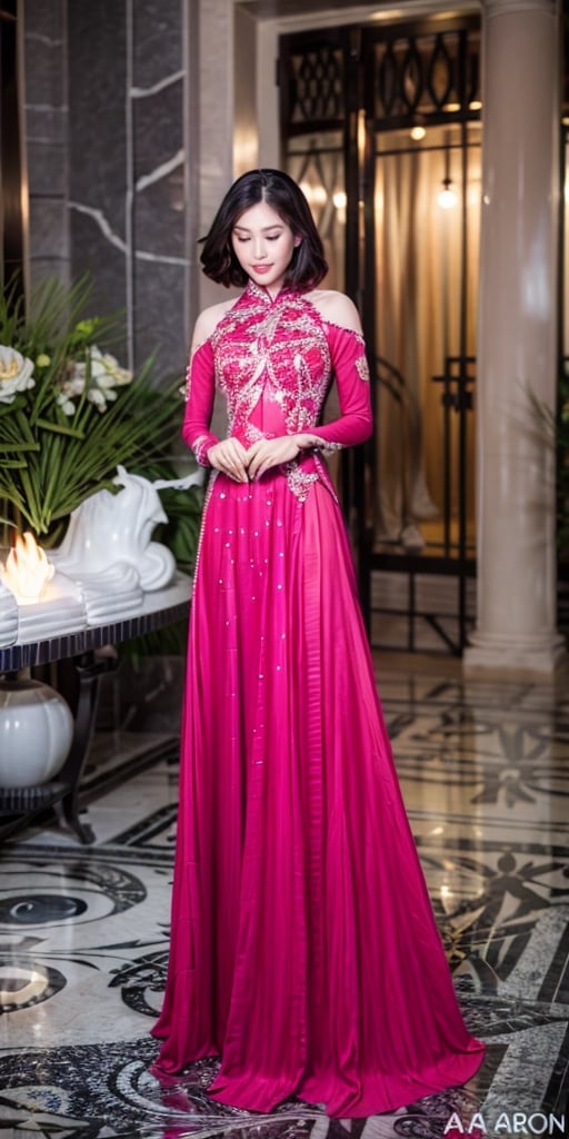 8k super high quality photo, featuring a Vietnamese girl, 21 years old, shoulder-length hair, silver-purple hair, moderate chest, wearing a royal-like ao dai with golden phoenix embroidered, ao dai adorned with many crystals. She is lighting incense and praying in a temple. The incense smoke creates a magical light that seems to escape from paradise. This photo is not only an artistic work, but also a proof of the combination of tradition and modernity, between sacred and seductive.