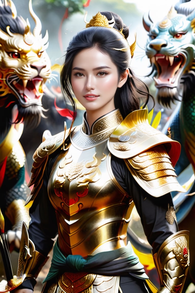 Vietnamese beautiful female warrior Bà Triệu with a cute face, short black hair, golden armor, black dragon Ao Dai, lion shield, silver long bow, and arrow, standing in the midst of battle, war crying, with his soldiers behind him.