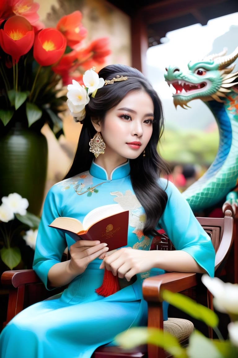 A lone Vietnamese girl sits in a chair, wearing a traditional ao dai dress and holding a flower and book. Her long black hair and elegant earrings add to her beauty. In the background, a dragon can be seen. This photo is from the R4W exhibition.The girl's serene expression and graceful posture exude a sense of timeless elegance, capturing the essence of Vietnamese culture and tradition. As she gazes into the distance, her eyes seem to hold a world of wisdom and grace, reflecting the rich heritage of her homeland. The delicate embroidery of her ao dai and the intricate details of the dragon motif in the background speak to the artistry and symbolism deeply woven into Vietnamese customs. This captivating image invites viewers to delve into the enchanting tapestry of Vietnam's history and folklore, where every detail tells a story of resilience, beauty, and enduring spirit.,more detail XL