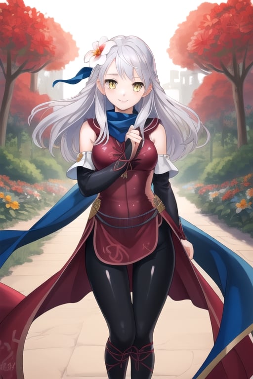 masterpiece, beautiful girl, silver hair, yellow eyes, blue ribbon, blue scarf, side bend,red outfit, black leggings,friendly smile,flower garden, undressing
