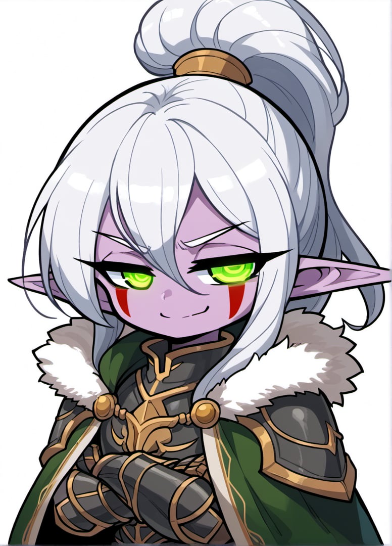 score_9, score_8_up, score_7_up, masterpiece,original,blank background,Simple background,1girl, Maiev Shadowsong,Frieren,ponytail,smug,evil grin,(evil,smug:1.3),(Squint,half closed eyes:1.5),happy,long hair,armor,colored skin,glowing eyes, green eyes,eyes mark,facial mark,night elf, pauldrons, cape, gauntlets, fur trim,white hair, ponytail, upper body, shoulder armor, gauntlets, armor,maplestory_style,nightelf, pointy ears, (arms_crossed:0.9),
