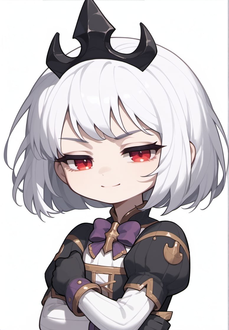 score_9, score_8_up, score_7_up, masterpiece,original,upper body,portrait,blank white background,1girl,solo,Yankee girl,Orphea, tiara, white hair, short hair, red eyes, gown, puffy sleeves, black gloves, purple bow,crossed_arms,,half closed eyes,light smile,