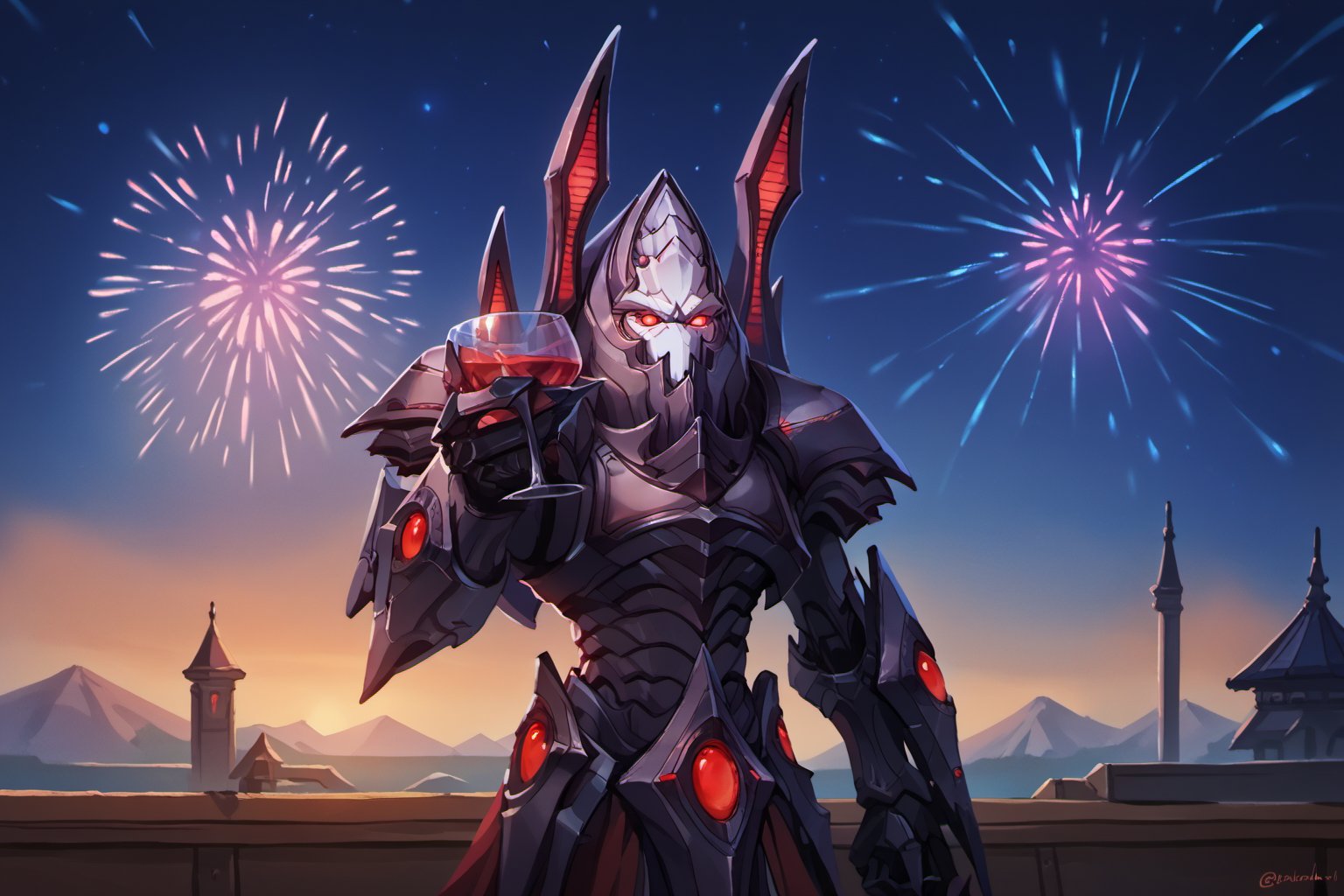 score_9, score_8_up, score_7_up, masterpiece,original,starcraft,1 man,sumg,solo,protoss man,no mouth,no nose,no ears,red eyes,,alien man,Alarak, Tal'darim Armor,maplestory_style,glowing eyes,light smile,smile holding cup fireworks,night,