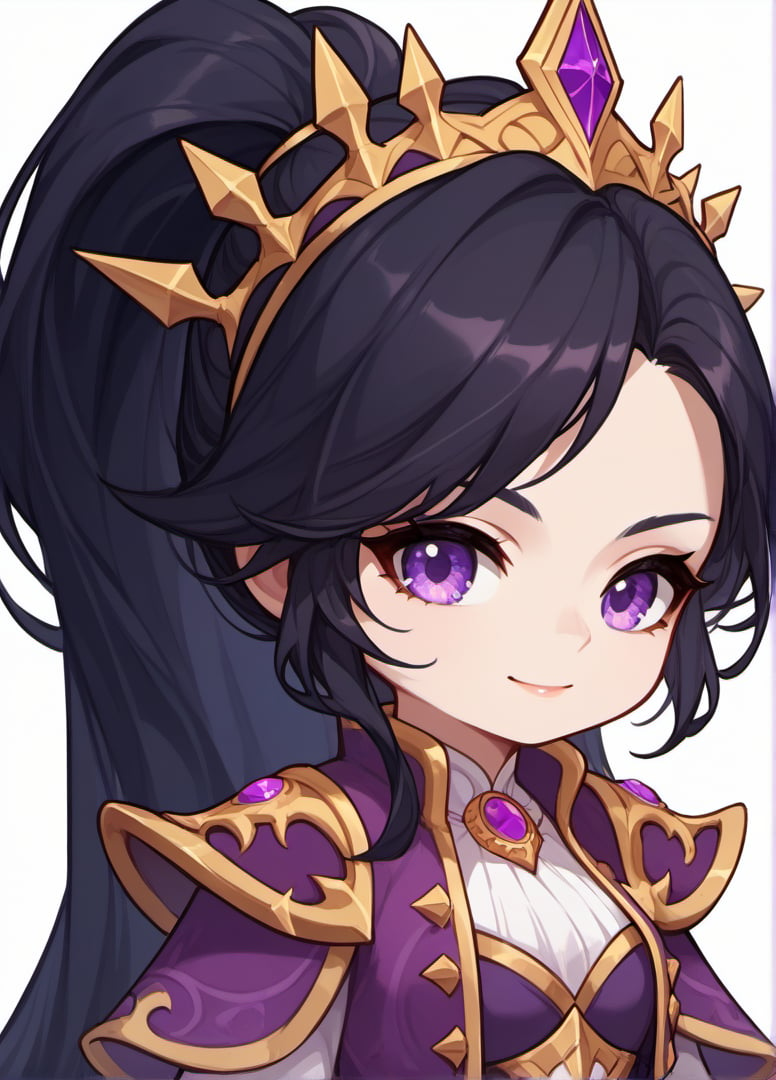 score_9, score_8_up, score_7_up, masterpiece,original,upper body,blank white background,1girl,solo,black hair, ponytail, long hair, Purple clothes,centre parting,maplestory style,Li-mingDG,(chibi:0.7)