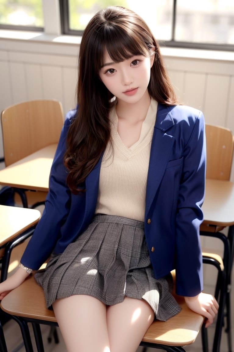 background is high school classroom,1 girl, 18 yo, beautiful girl, korean girl,sitting on chair,wearing school uniform(dark blue jacket and brown check pattern skirt),happy laugh,
solo, {beautiful and detailed eyes}, dark eyes, calm expression, delicate facial features, ((model pose)), Glamor body type, slim waist,(dark hair),long Bright wavy hair,very_long_hair, hair past hip,long straight hair,long ponytail,bangs,pale skin,detailed skin,hairpins, flim grain, realhands, masterpiece, Best Quality, 32k, high contrast,vivid color,photorealistic, ultra-detailed, finely detailed, high resolution, perfect dynamic composition, beautiful detailed eyes, sharp-focus, cowboy_shot, ,3D,GIRL,REAL