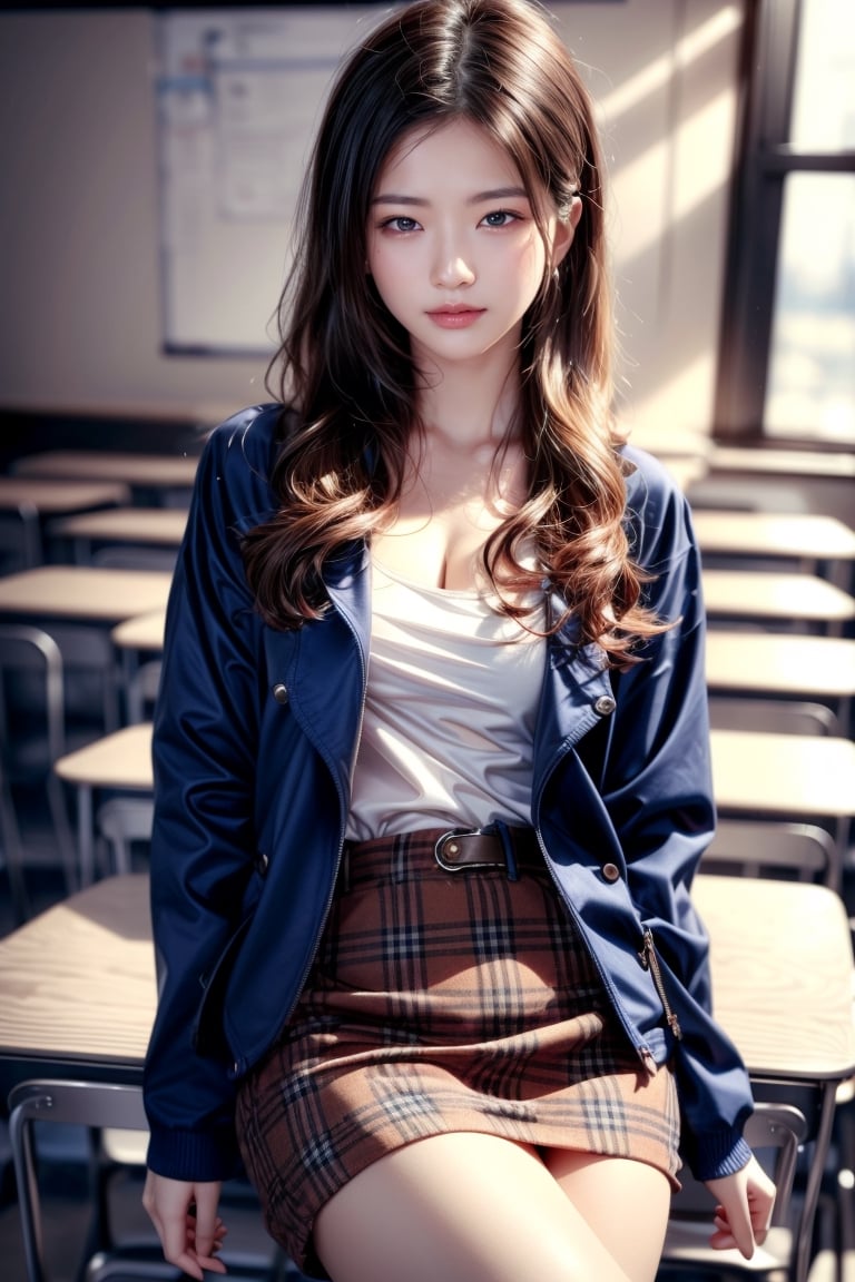 background is high school classroom,1 girl, 18 yo, beautiful girl, korean girl,sitting on chair,wearing school uniform(dark blue jacket and brown check pattern skirt),happy laugh,
solo, {beautiful and detailed eyes}, dark eyes, calm expression, delicate facial features, ((model pose)), Glamor body type, slim waist,(dark hair),long Bright wavy hair,very_long_hair, hair past hip,long straight hair,long ponytail,bangs,pale skin,detailed skin,hairpins, flim grain, realhands, masterpiece, Best Quality, 32k, high contrast,vivid color,photorealistic, ultra-detailed, finely detailed, high resolution, perfect dynamic composition, beautiful detailed eyes, sharp-focus, cowboy_shot, ,3D,GIRL,REAL