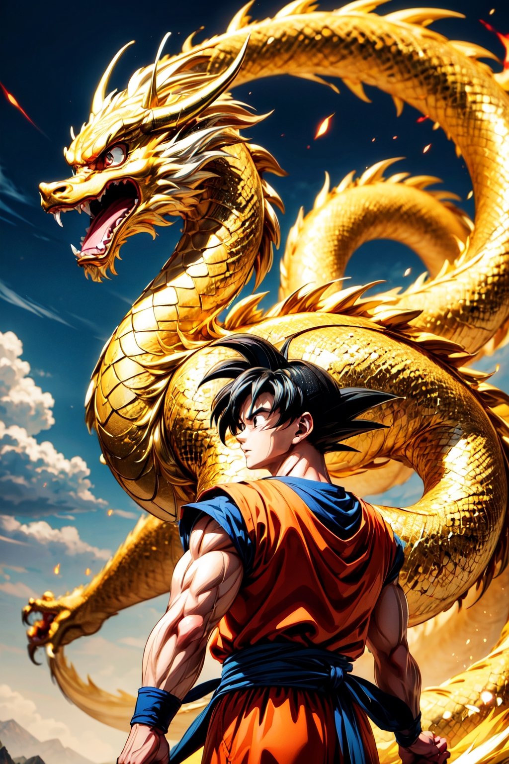 A powerful Goku stands atop a majestic golden Chinese dragon, his aura radiating with boundless energy. The intricate scales of the dragon shimmer in the sunlight, while Goku's determined expression shows his readiness for battle.
(Masterpiece, Best Quality, 8k:1.2), (Ultra-Detailed, Highres, Extremely Detailed, Absurdres, Incredibly Absurdres, Huge Filesize:1.1), (Anime Style:1.3), , Golden oriental dragon