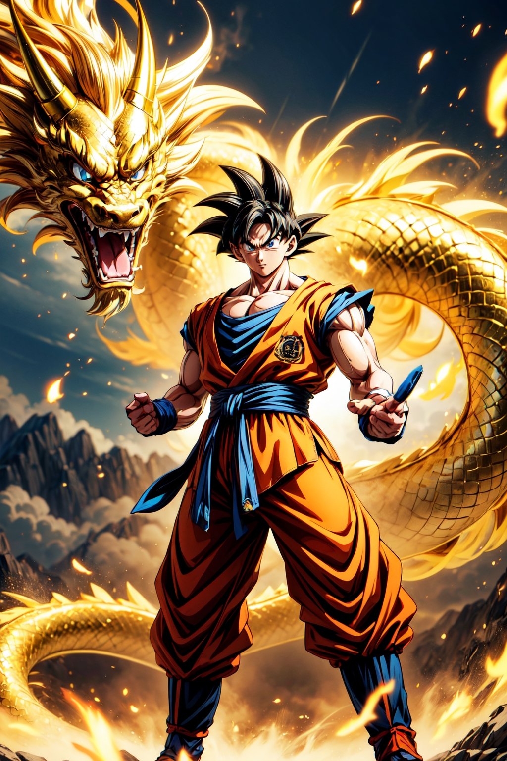 A powerful Goku stands atop a majestic golden Chinese dragon, his aura radiating with boundless energy. The intricate scales of the dragon shimmer in the sunlight, while Goku's determined expression shows his readiness for battle.
(Masterpiece, Best Quality, 8k:1.2), (Ultra-Detailed, Highres, Extremely Detailed, Absurdres, Incredibly Absurdres, Huge Filesize:1.1), (Anime Style:1.3), , Golden oriental dragon