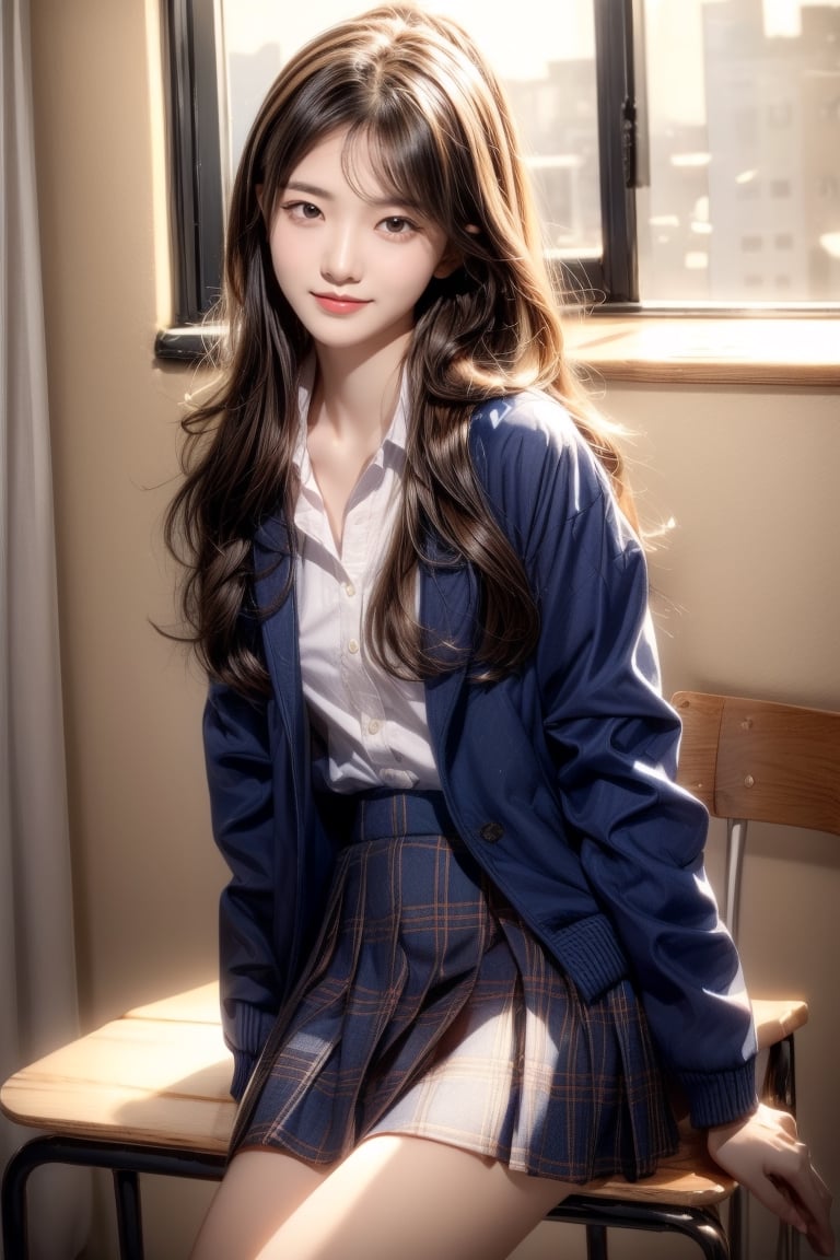 background is high school classroom,1 girl, 18 yo, beautiful girl, korean girl,sitting on chair,wearing school uniform(dark blue jacket and brown check pattern skirt),happy laugh,
solo, {beautiful and detailed eyes}, dark eyes, calm expression, delicate facial features, ((model pose)), Glamor body type, slim waist,(dark hair),long Bright wavy hair,very_long_hair, hair past hip,long straight hair,long ponytail,bangs,pale skin,detailed skin,hairpins, flim grain, realhands, masterpiece, Best Quality, 32k, high contrast,vivid color,photorealistic, ultra-detailed, finely detailed, high resolution, perfect dynamic composition, beautiful detailed eyes, sharp-focus, cowboy_shot, ,3D,GIRL