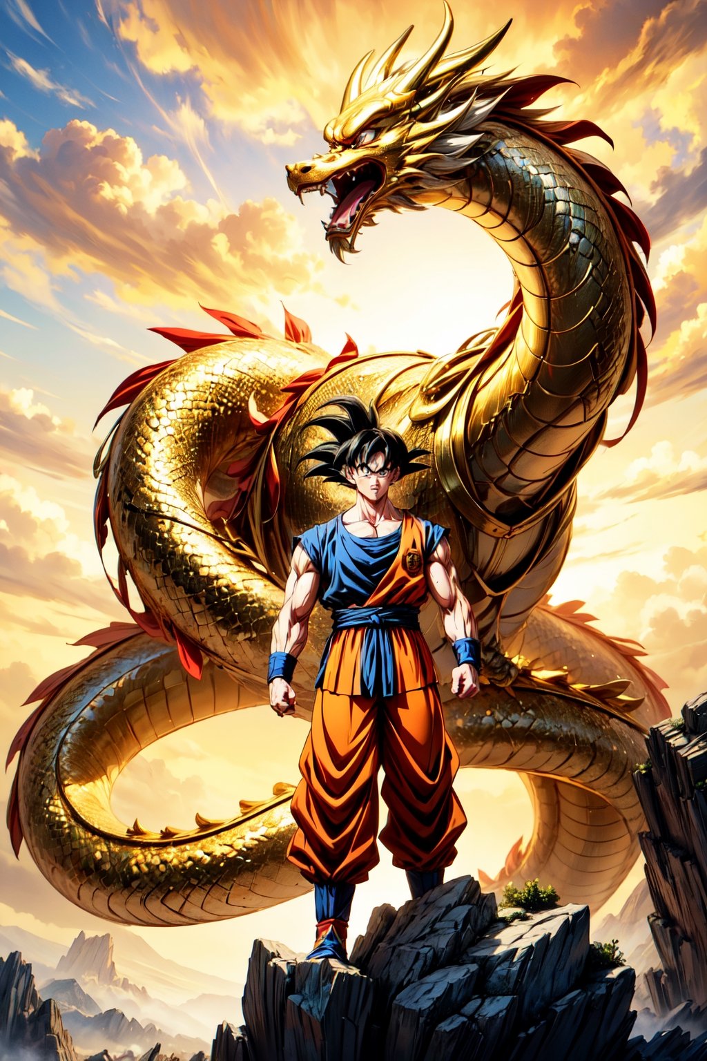 A powerful Goku stands atop a majestic golden Chinese dragon, his aura radiating with boundless energy. The intricate scales of the dragon shimmer in the sunlight, while Goku's determined expression shows his readiness for battle.
(Masterpiece, Best Quality, 8k:1.2), (Ultra-Detailed, Highres, Extremely Detailed, Absurdres, Incredibly Absurdres, Huge Filesize:1.1), (Anime Style:1.3), , Golden oriental dragon