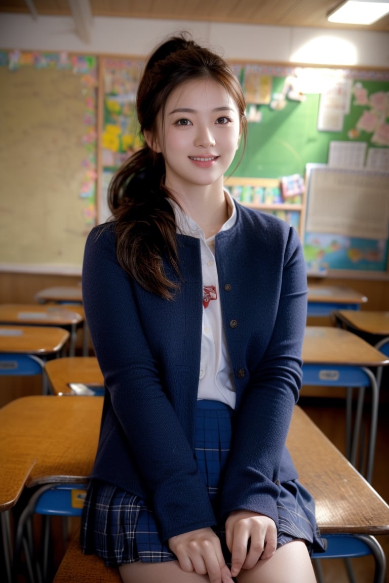 background is high school classroom,1 girl, 18 yo, beautiful girl, korean girl,sitting on chair,wearing school uniform(dark blue jacket and brown check pattern skirt),happy laugh,
solo, {beautiful and detailed eyes}, dark eyes, calm expression, delicate facial features, ((model pose)), Glamor body type, slim waist,(dark hair),long Bright wavy hair,very_long_hair, hair past hip,long straight hair,long ponytail,bangs,pale skin,detailed skin,hairpins, flim grain, realhands, masterpiece, Best Quality, 32k, high contrast,vivid color,photorealistic, ultra-detailed, finely detailed, high resolution, perfect dynamic composition, beautiful detailed eyes, sharp-focus, cowboy_shot, ,3D,GIRL