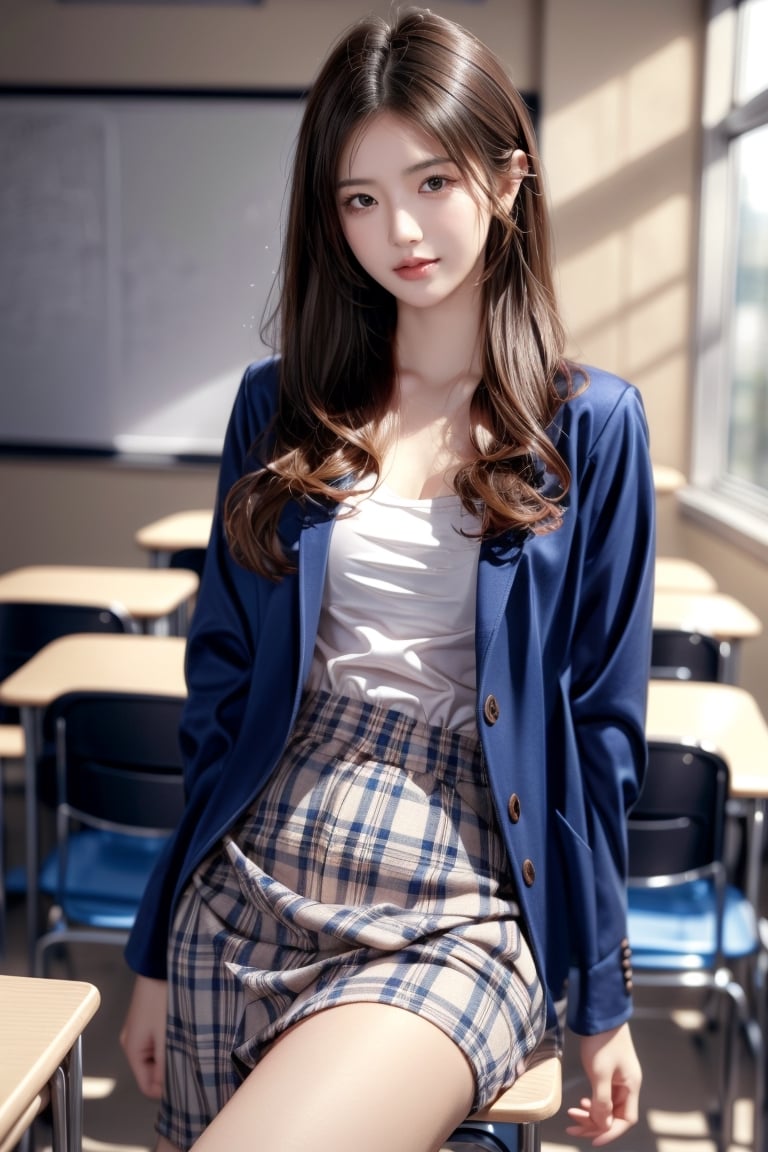 background is high school classroom,1 girl, 18 yo, beautiful girl, korean girl,sitting on chair,wearing school uniform(dark blue jacket and brown check pattern skirt),happy laugh,
solo, {beautiful and detailed eyes}, dark eyes, calm expression, delicate facial features, ((model pose)), Glamor body type, slim waist,(dark hair),long Bright wavy hair,very_long_hair, hair past hip,long straight hair,long ponytail,bangs,pale skin,detailed skin,hairpins, flim grain, realhands, masterpiece, Best Quality, 32k, high contrast,vivid color,photorealistic, ultra-detailed, finely detailed, high resolution, perfect dynamic composition, beautiful detailed eyes, sharp-focus, cowboy_shot, ,3D,GIRL,REAL