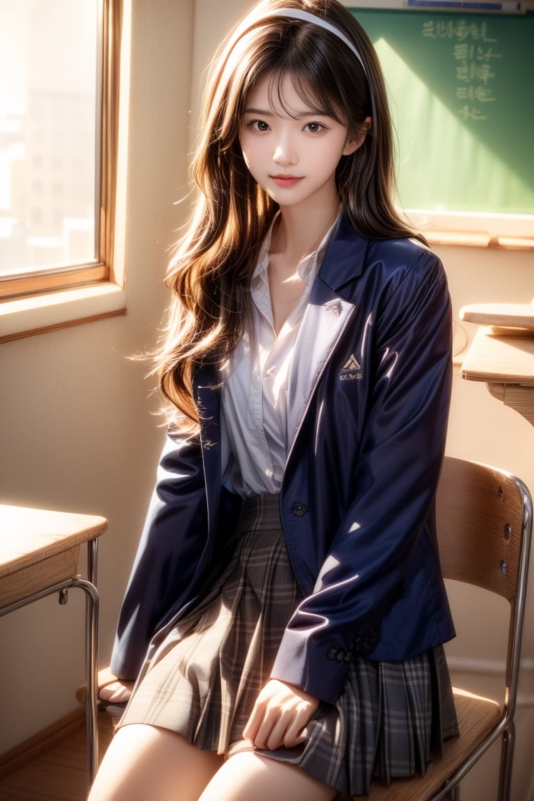 background is high school classroom,1 girl, 18 yo, beautiful girl, korean girl,sitting on chair,wearing school uniform(dark blue jacket and brown check pattern skirt),happy laugh,
solo, {beautiful and detailed eyes}, dark eyes, calm expression, delicate facial features, ((model pose)), Glamor body type, slim waist,(dark hair),long Bright wavy hair,very_long_hair, hair past hip,long straight hair,long ponytail,bangs,pale skin,detailed skin,hairpins, flim grain, realhands, masterpiece, Best Quality, 32k, high contrast,vivid color,photorealistic, ultra-detailed, finely detailed, high resolution, perfect dynamic composition, beautiful detailed eyes, sharp-focus, cowboy_shot, ,3D,GIRL