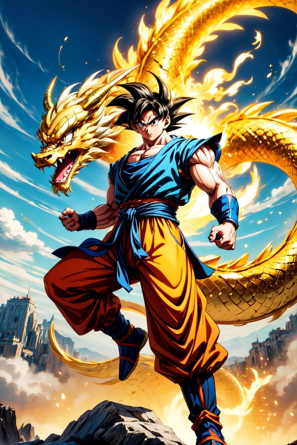 A powerful Goku stands atop a majestic golden Chinese dragon, his aura radiating with boundless energy. The intricate scales of the dragon shimmer in the sunlight, while Goku's determined expression shows his readiness for battle.
(Masterpiece, Best Quality, 8k:1.2), (Ultra-Detailed, Highres, Extremely Detailed, Absurdres, Incredibly Absurdres, Huge Filesize:1.1), (Anime Style:1.3), , Golden oriental dragon