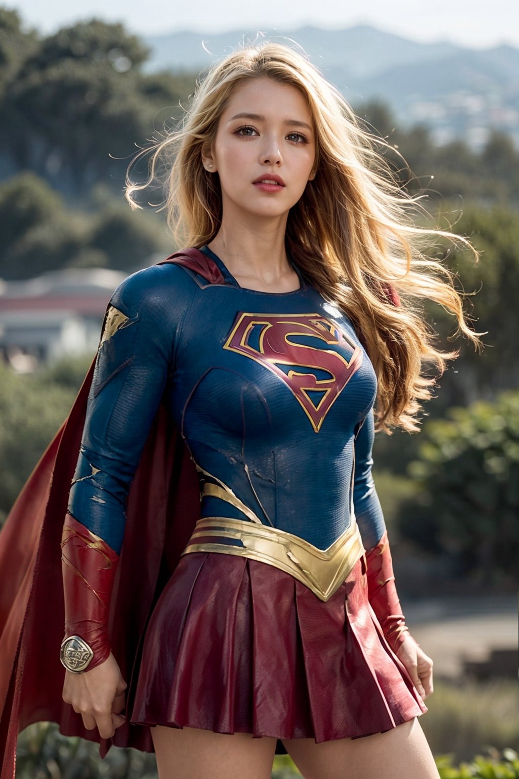 (stunning masterpiece, 8k, raw, (ultra realistic), colorful, eyes, dynamic angle, highest detailed) ,(Supergirl:1.4), 20yo, surprised look, (torned clothes:1.7, ripped clothes:1.7), cowboy shot, yellow blonde hair, studio fashion long hair, detailed Supergirl suit, ((scarlet_red skirt:1.4)),  (high resolution textures), dynamic pose, (long long cape), (intricate details, hyperdetailed:1.15), detailed, (fantasy background), (official art, extreme detailed, highest detailed), HDR+, in midair overlooking downtown, ,photorealistic,girl,,huoshen,zhurongshi,fire