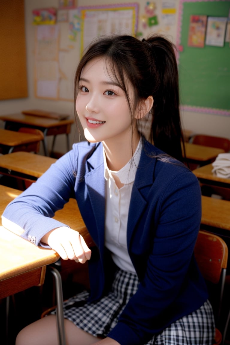 background is high school classroom,1 girl, 18 yo, beautiful girl, korean girl,sitting on chair,wearing school uniform(dark blue jacket and brown check pattern skirt),happy laugh,
solo, {beautiful and detailed eyes}, dark eyes, calm expression, delicate facial features, ((model pose)), Glamor body type, slim waist,(dark hair),long Bright wavy hair,very_long_hair, hair past hip,long straight hair,long ponytail,bangs,pale skin,detailed skin,hairpins, flim grain, realhands, masterpiece, Best Quality, 32k, high contrast,vivid color,photorealistic, ultra-detailed, finely detailed, high resolution, perfect dynamic composition, beautiful detailed eyes, sharp-focus, cowboy_shot, ,3D,GIRL